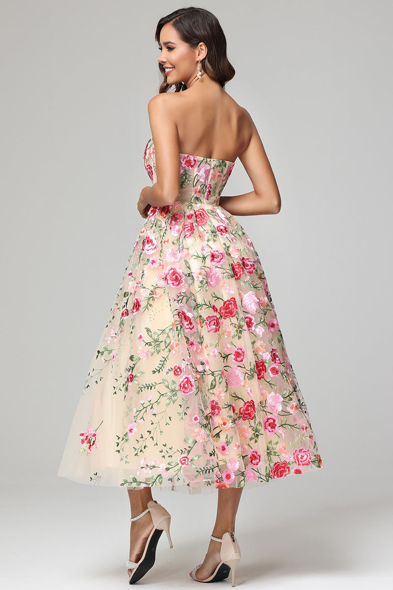 Unique Flower Embroidered Tea Length Prom Dress