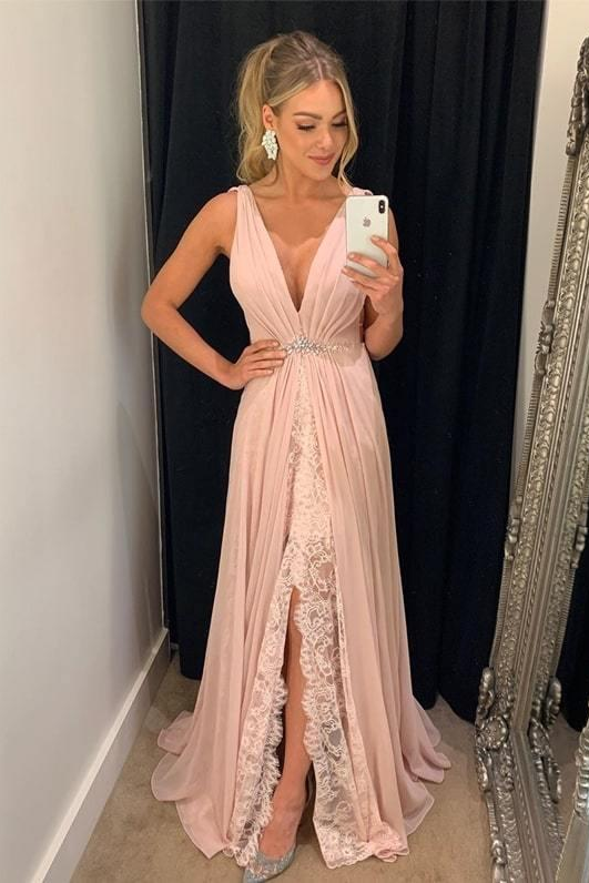 V Neck A Line Chifon Formal Evening Dresses Pink Long Front Split Prom Dresses