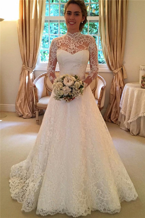 Vintage High Neck Lace Appliques Open Back Long Sleeves Wedding Dresses