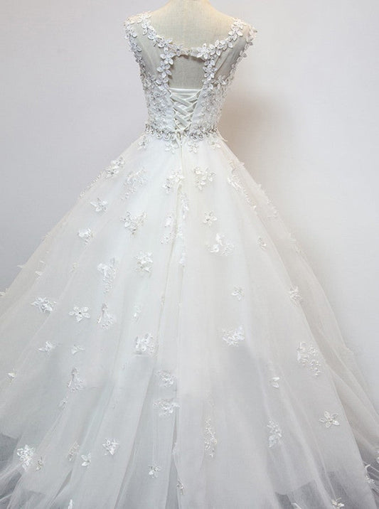 Organza Scoop Cap Sleeves Floor-Length Wedding Dresses with Beading Appliques