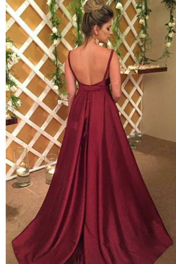 A-Line V-neck Sleeveless Sweep Train Elastic Satin Prom Dresses