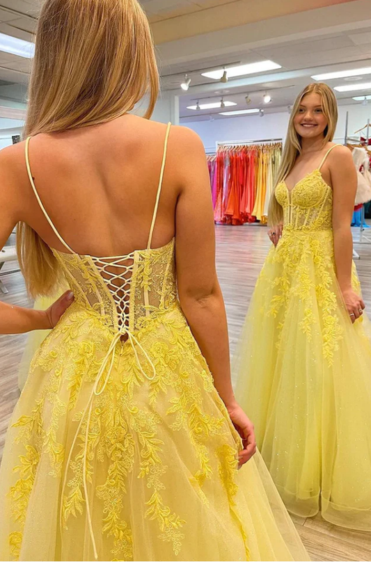 Yellow Spaghetti Straps A-line Lace Appliques Prom Dress