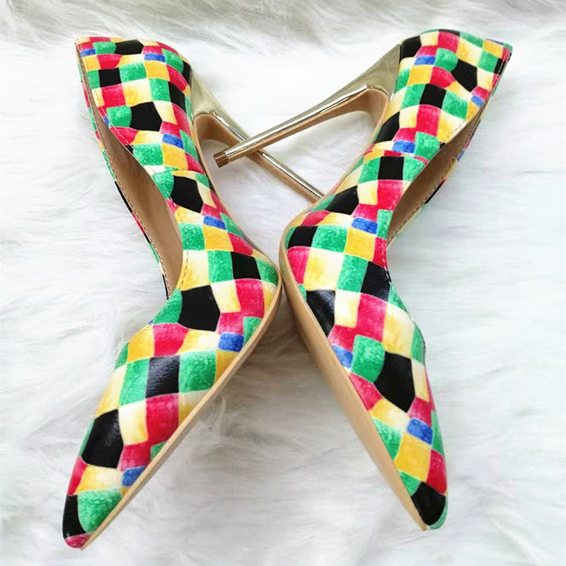 High Heels with colorful plaid pattern Fashion Evening Party Shoes