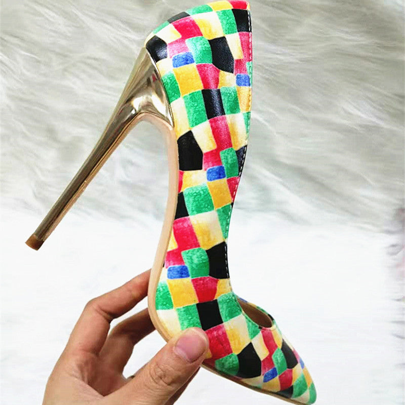 High Heels with colorful plaid pattern Fashion Evening Party Shoes