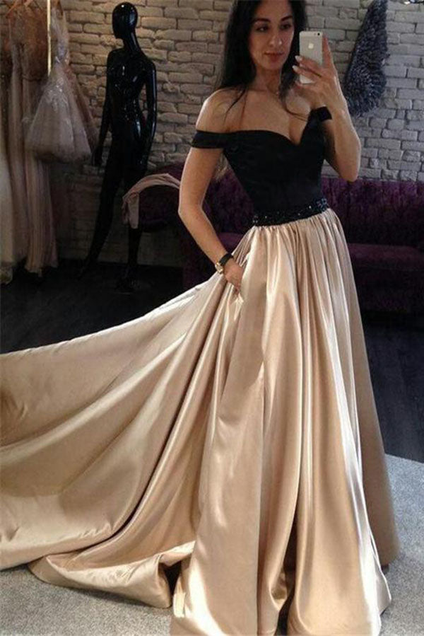 Elegant Off Shoulder Sweetheart Satin Long Prom Dresses